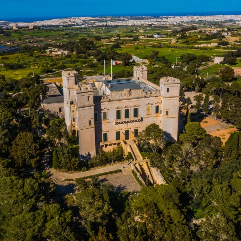 Aerial view of Verdala Palace, nestled in the Buskett Gardens